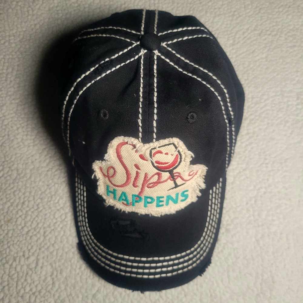 Black Distressed Cap w/ Embroidered Patch Design "Sip Happens" - Women's Size OS - Picture 7 of 7